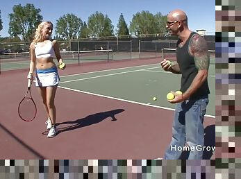 Adorable blonde teen was picked up while she was practicing her tennis skills.