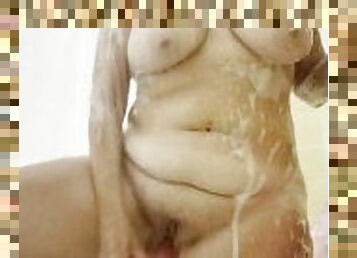 Fucking myself with my big dildo in the shower showing off my huge tits and thick ass