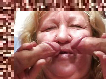 Big boobs grandma double blowjob before 3some
