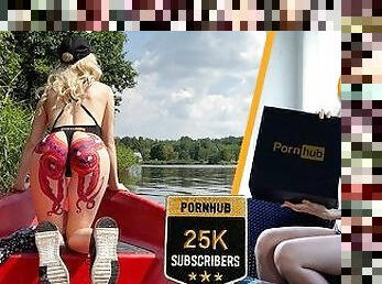 Stepsister celebrates 25k subs on Pornhub by riding dick on boat on public lake
