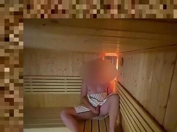 Huge relieving cumshot in sauna  almost caught masturbating