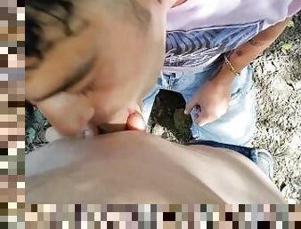Sucking cock in the park - different angles view - cum on tongue