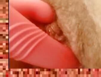 Natural hairy pussy stimulation with vibrator, very close up