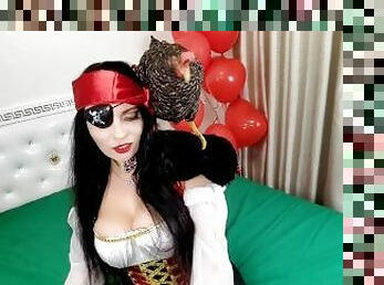 Pretty pirate with a parrot hides treasures in her mouth and jerks off