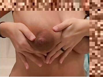Spraying Milk, Lactating huge boobs, engorged in the morning. Huge areolas
